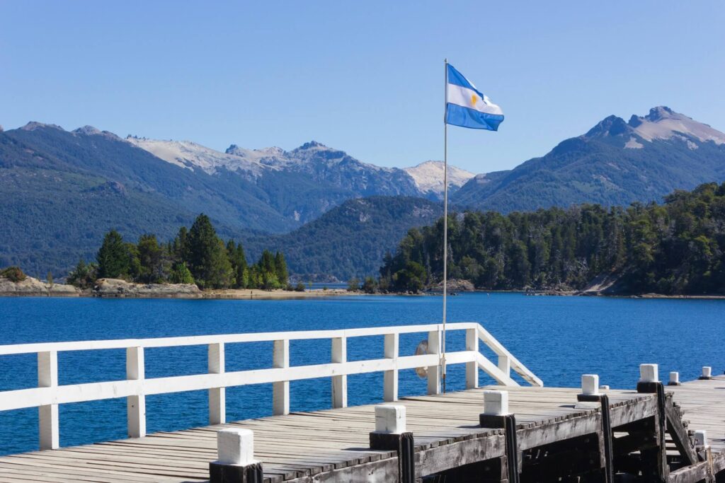 lake in argentina with flag
