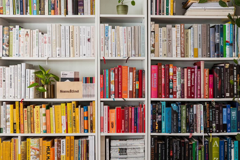 shelves of colourful books